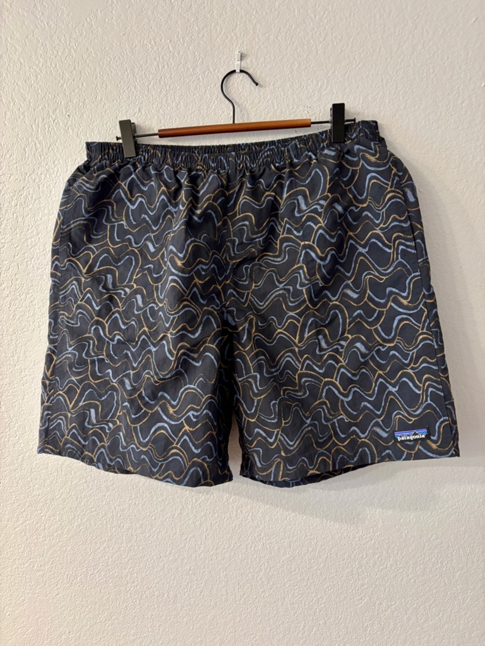 Patagonia Men’s Baggies Longs Black Swim Trunks with Blue and Gold Wavy Print